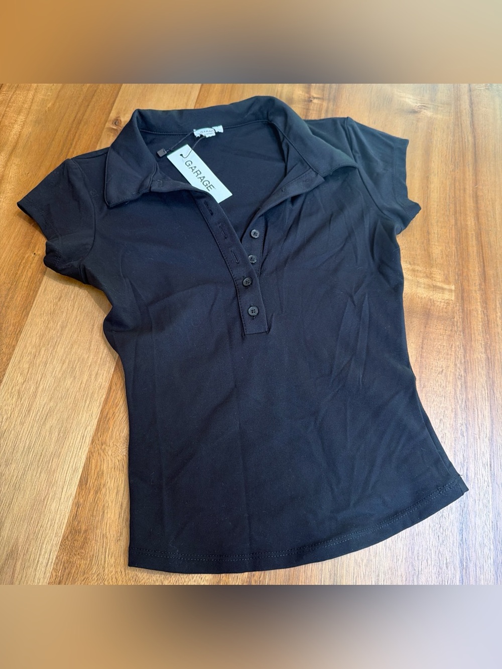NWT Garage Sleek Short Sleeve Polo Top Jet Black Smooth Fitted Bodycon XS